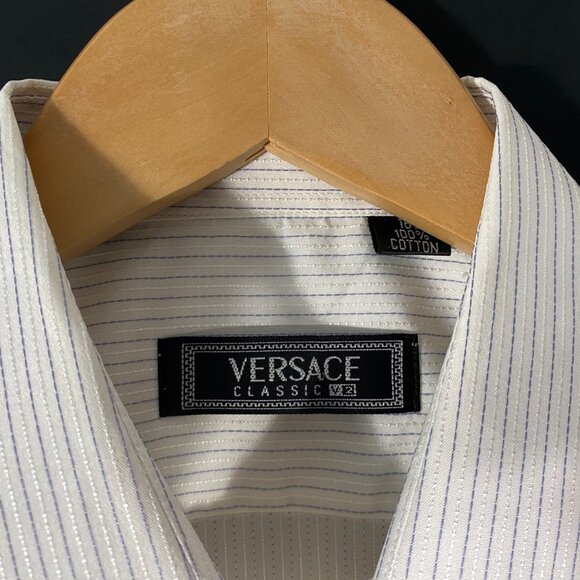 Vintage Versace V2 Vertical Stripe Boxy Fit Short Sleeve Shirt White size 16 1/2 - Picture 6 of 7